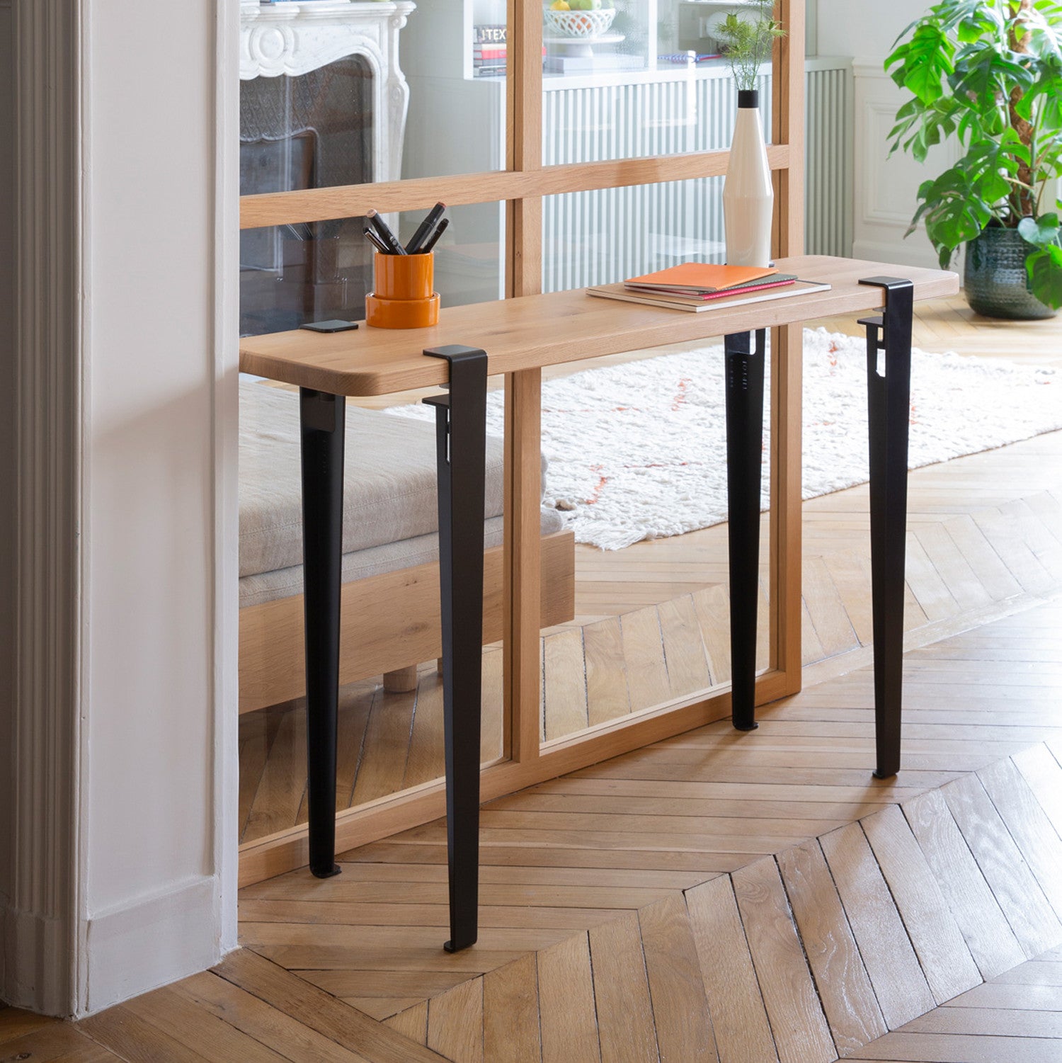tiptoe-konsole-120x30cm-massive-eiche-75cm-stahlbeine image 2